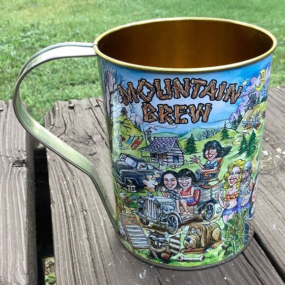 Mountain Brew Novelty Mug Cartoon Art Gold Tone Interior Metal Handle - Picture 1 of 3